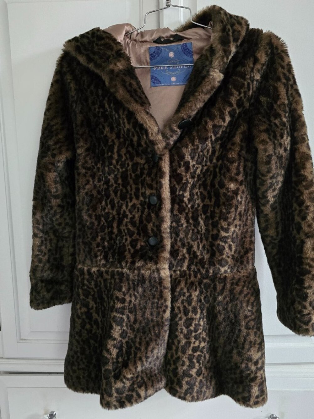 Free People Faux Fur Leopard Hooded Coat, Size XS